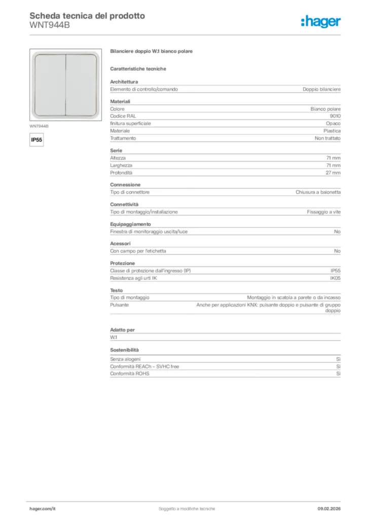 Immagine Hager Scheda tecnica del prodotto WNT944B | Hager Italia
