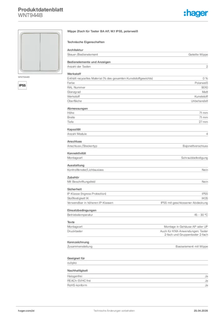 Bild Hager Produktdatenblatt WNT944B | Hager Deutschland