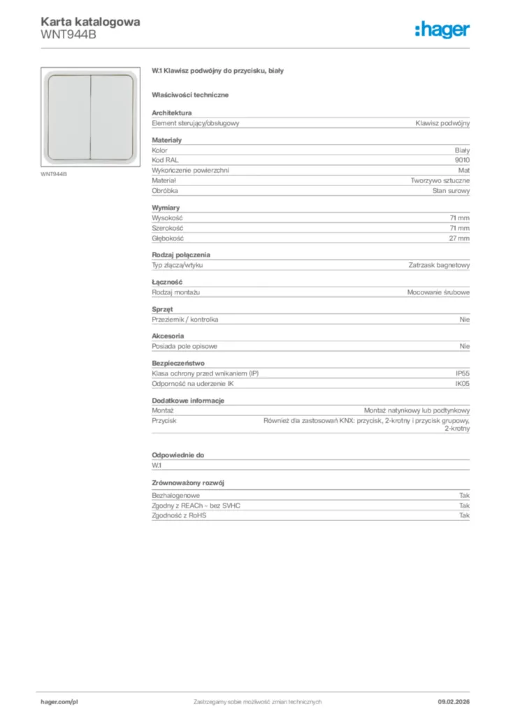 Zdjęcie Hager Karta katalogowa WNT944B | Hager Polska