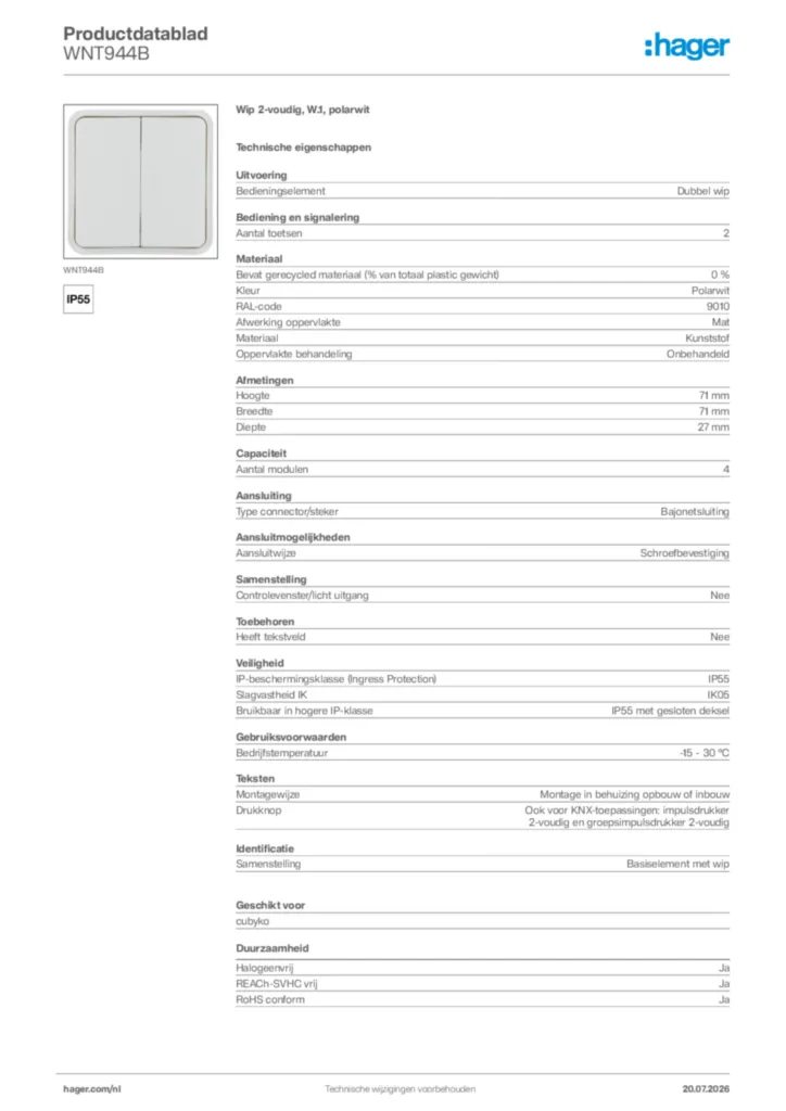 Afbeelding Hager Productdatablad WNT944B | Hager Nederland