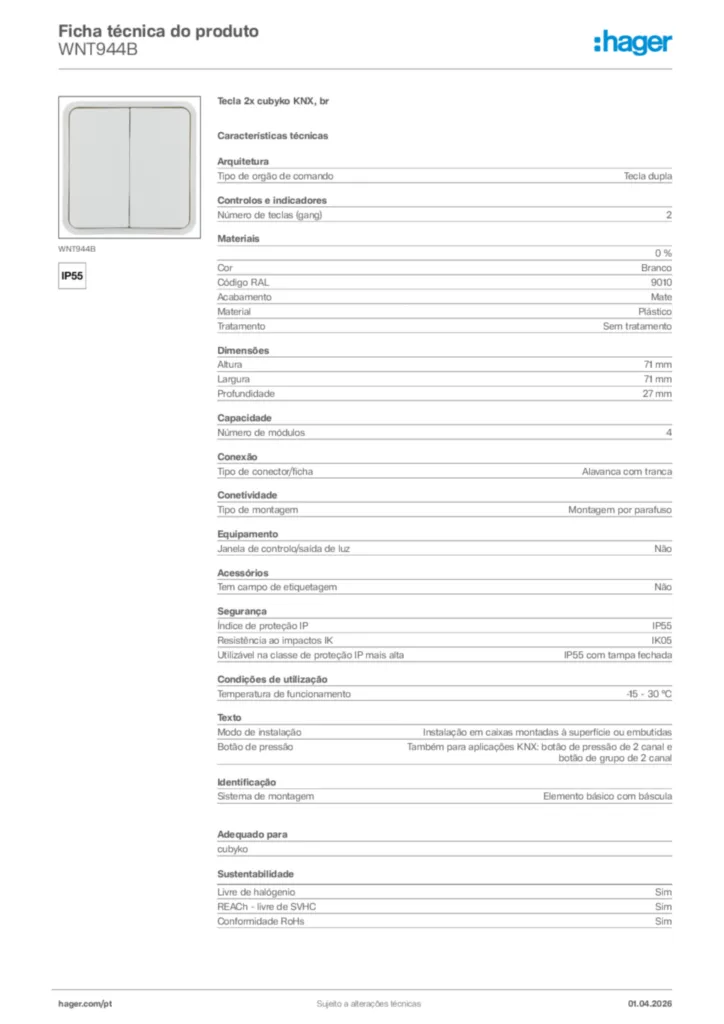 Imagem Hager Ficha técnica do produto WNT944B | Hager Portugal