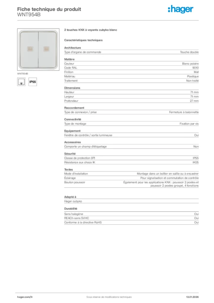 Image Hager Fiche technique du produit WNT954B | Hager France