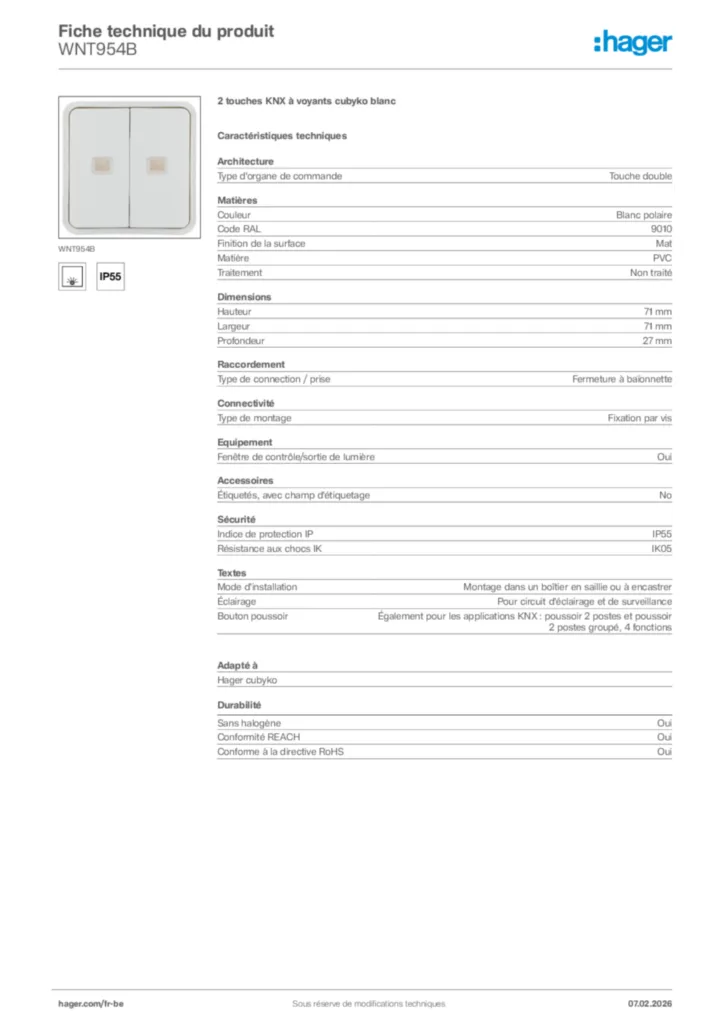 Image Hager Fiche technique du produit WNT954B | Hager Belgique