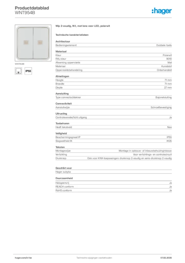 Afbeelding Hager Productdatablad WNT954B | Hager Belgium