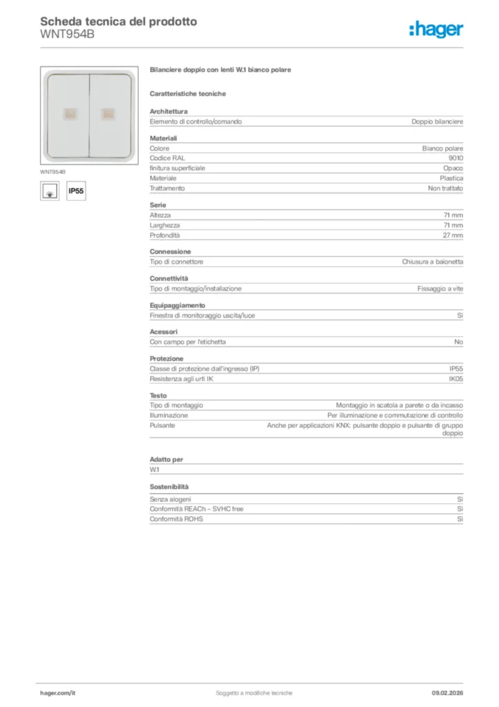 Immagine Hager Scheda tecnica del prodotto WNT954B | Hager Italia