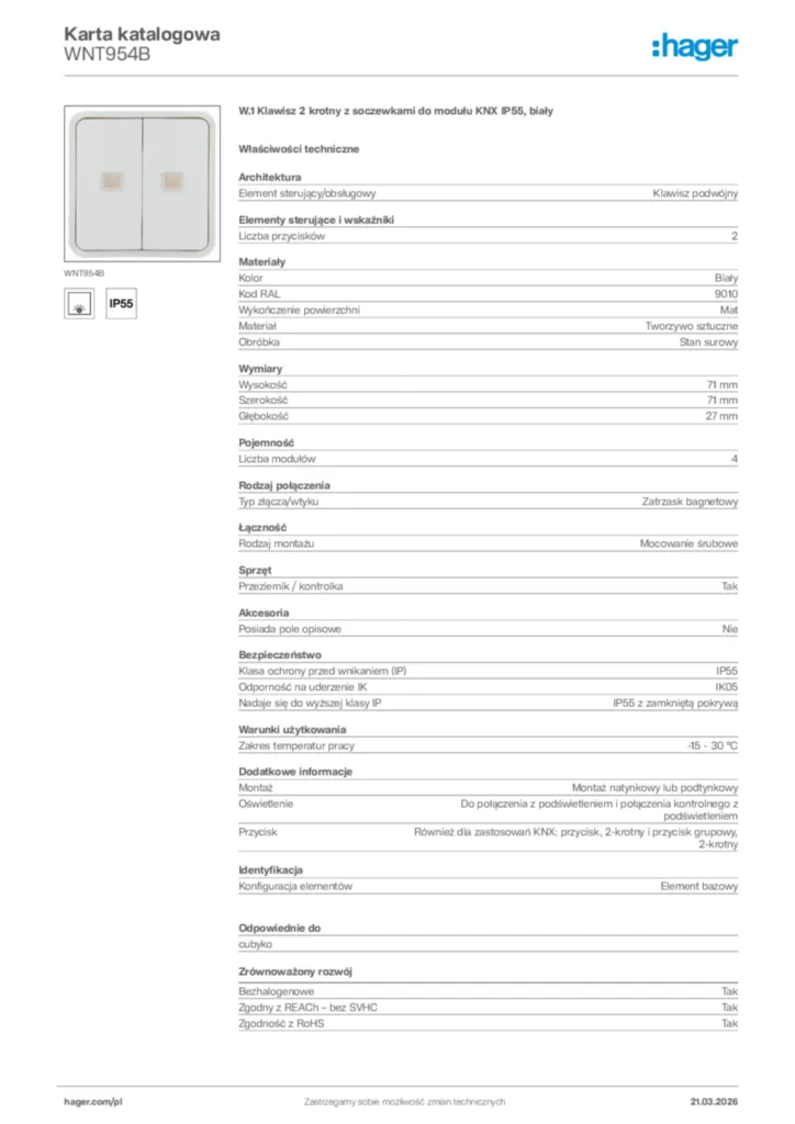 Zdjęcie Hager Karta katalogowa WNT954B | Hager Polska