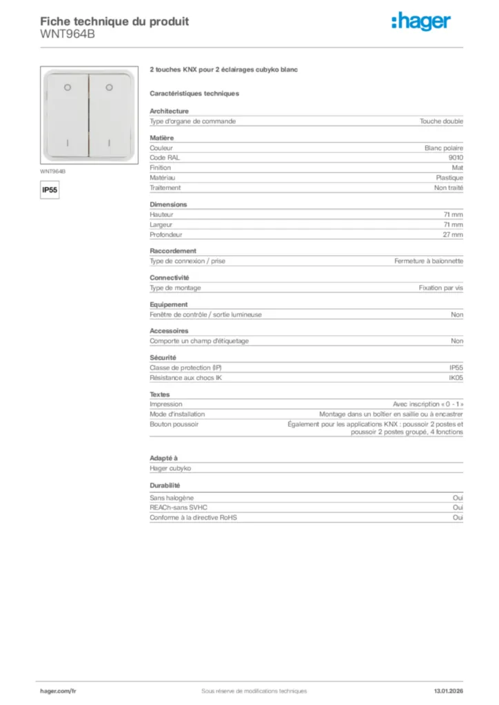 Image Hager Fiche technique du produit WNT964B | Hager France