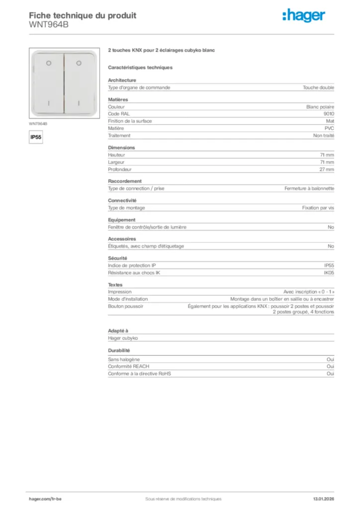 Image Hager Fiche technique du produit WNT964B | Hager Belgique
