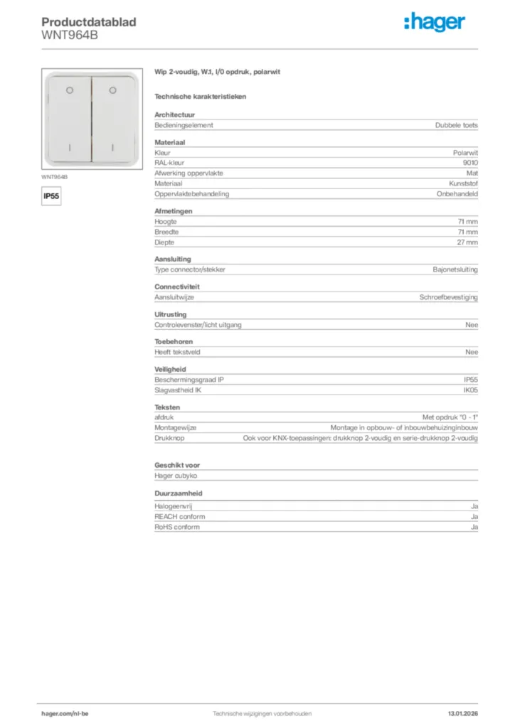 Afbeelding Hager Productdatablad WNT964B | Hager Belgium