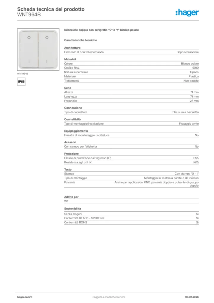 Immagine Hager Scheda tecnica del prodotto WNT964B | Hager Italia