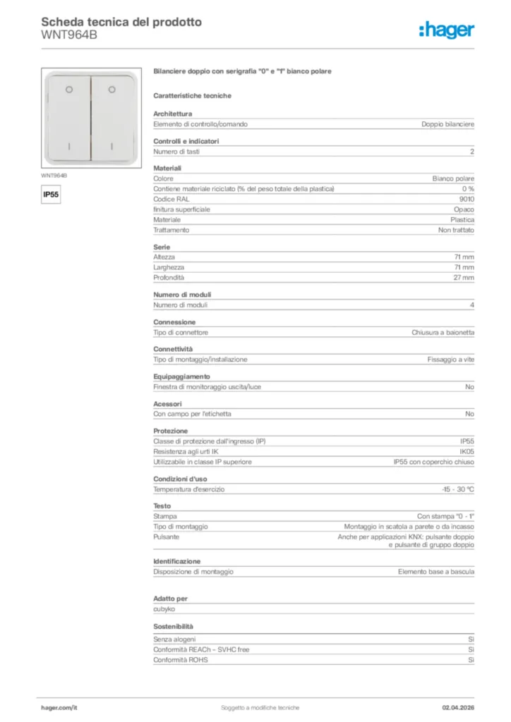 Immagine Hager Scheda tecnica del prodotto WNT964B | Hager Italia