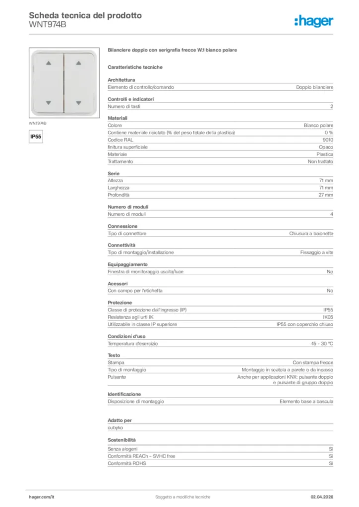 Immagine Hager Scheda tecnica del prodotto WNT974B | Hager Italia