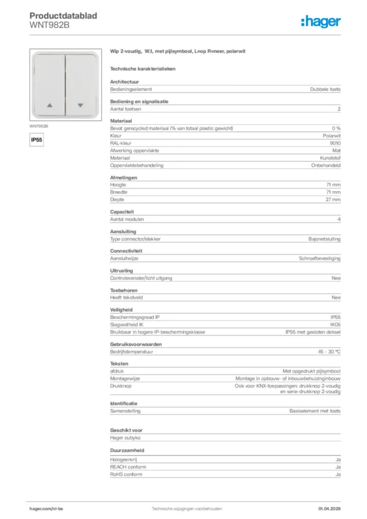 Afbeelding Hager Productdatablad WNT982B | Hager Belgium