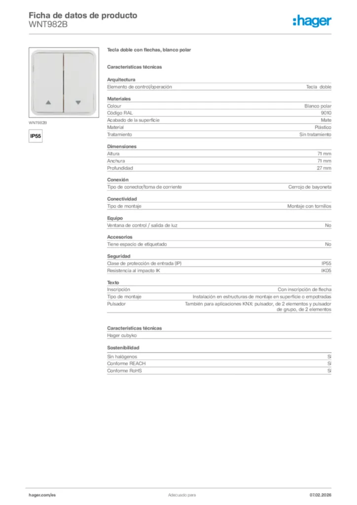 Imagen Hager Ficha de datos de producto WNT982B | Hager España