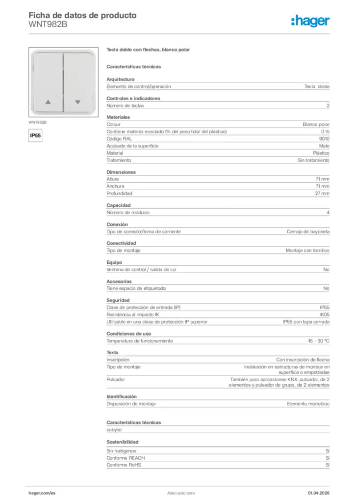 Imagen Hager Ficha de datos de producto WNT982B | Hager España