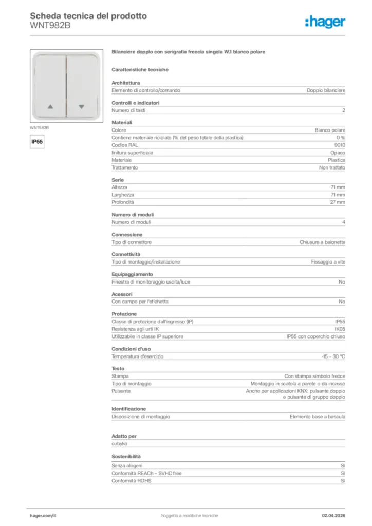 Immagine Hager Scheda tecnica del prodotto WNT982B | Hager Italia