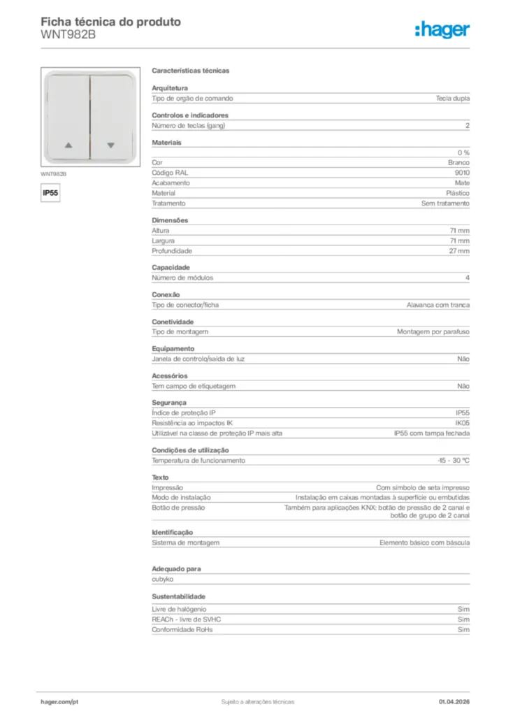 Imagem Hager Ficha técnica do produto WNT982B | Hager Portugal
