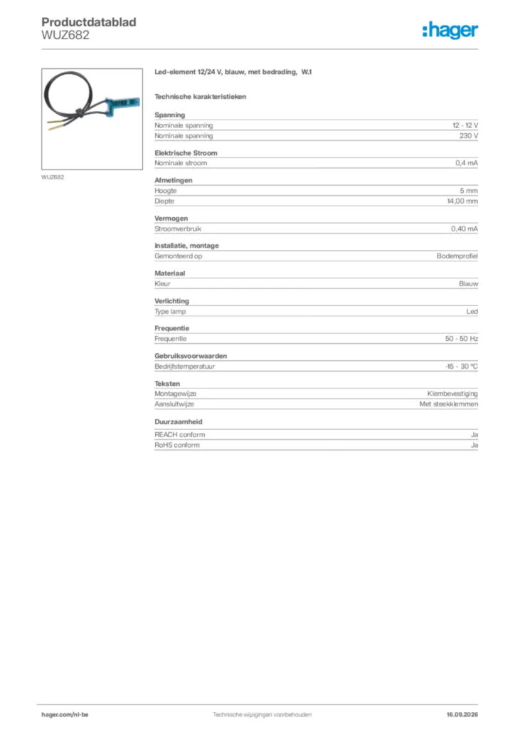 Afbeelding Hager Productdatablad WUZ682 | Hager Belgium