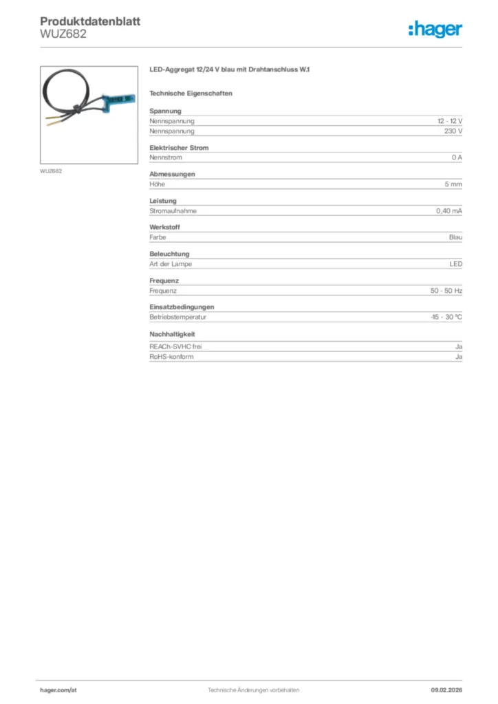 Bild Hager Produktdatenblatt WUZ682 | Hager Deutschland