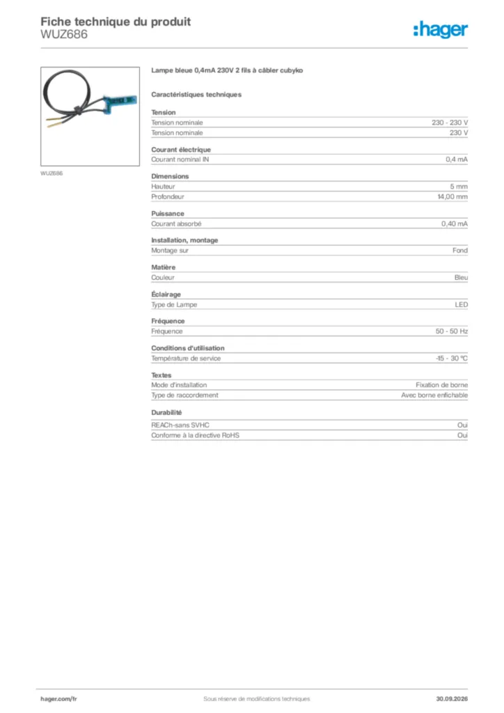 Image Hager Fiche technique du produit WUZ686 | Hager France