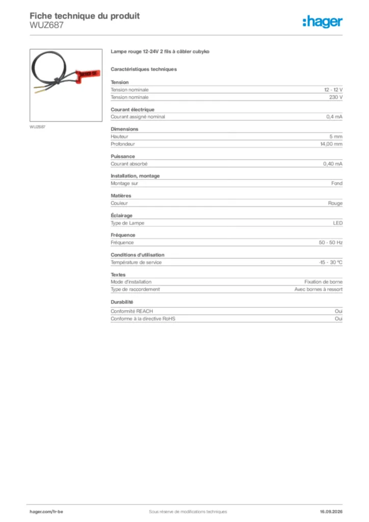 Image Hager Fiche technique du produit WUZ687 | Hager Belgique
