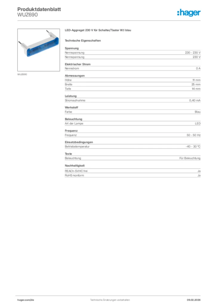 Bild Hager Produktdatenblatt WUZ690 | Hager Deutschland