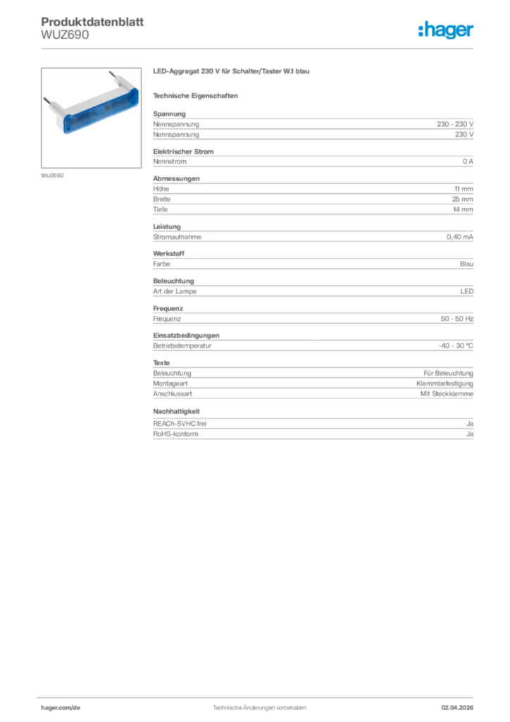 Bild Hager Produktdatenblatt WUZ690 | Hager Deutschland