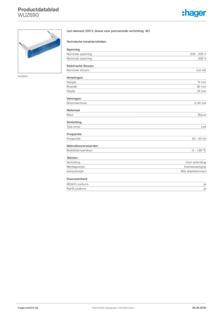 Afbeelding Hager Productdatablad WUZ690 | Hager Belgium