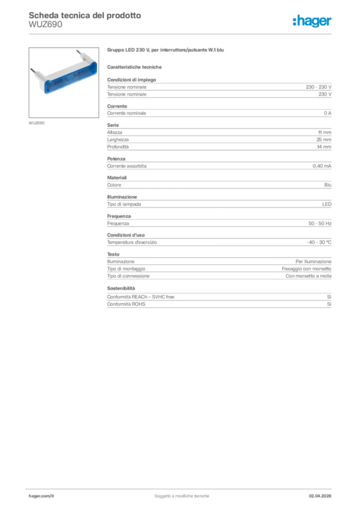 Immagine Hager Scheda tecnica del prodotto WUZ690 | Hager Italia