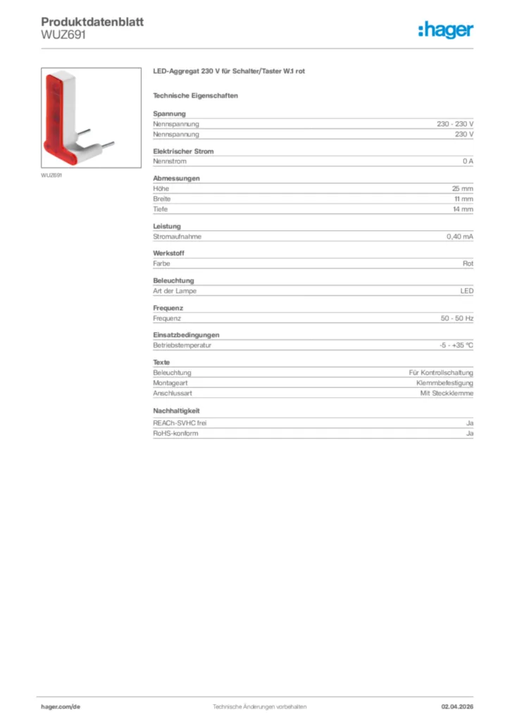 Bild Hager Produktdatenblatt WUZ691 | Hager Deutschland