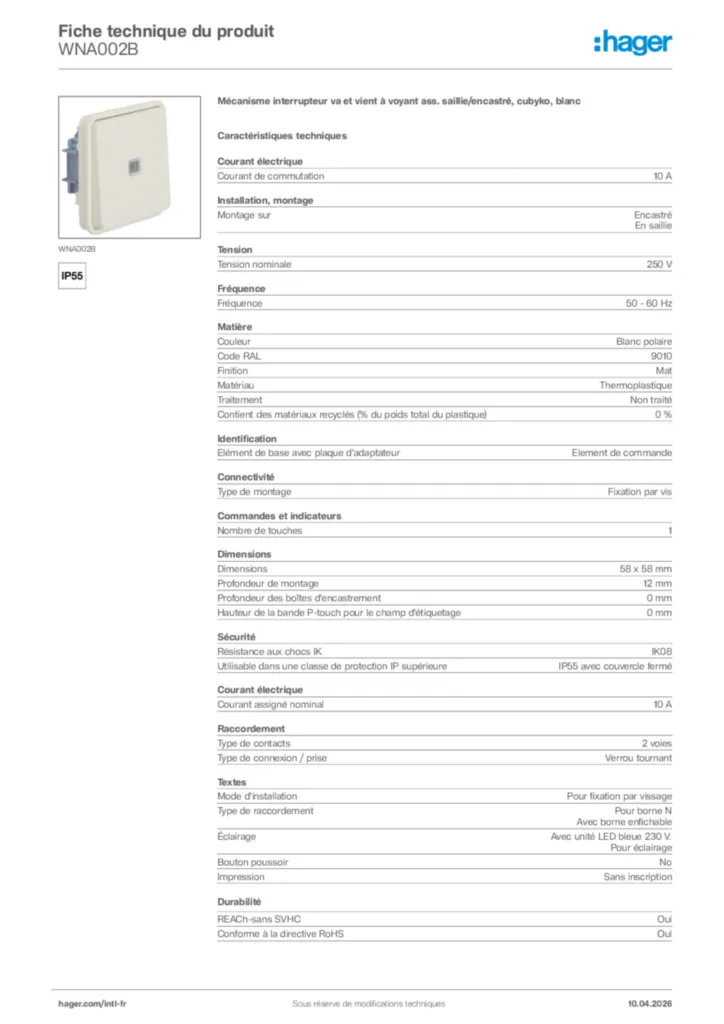 Image Hager Fiche technique du produit WNA002B | Hager Afrique