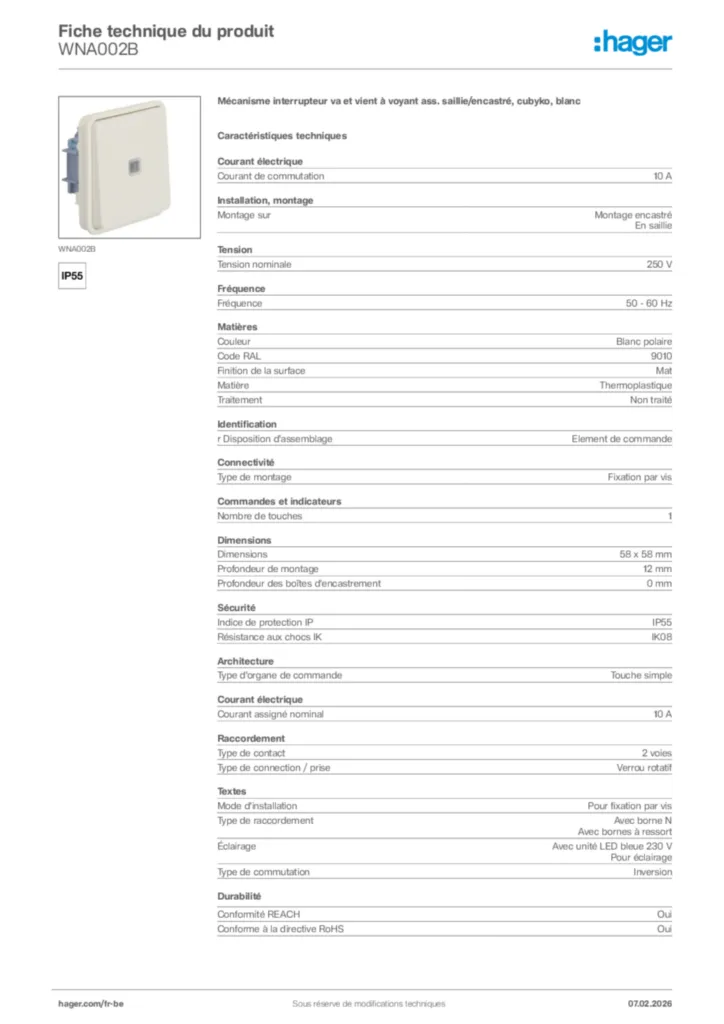 Image Hager Fiche technique du produit WNA002B | Hager Belgique