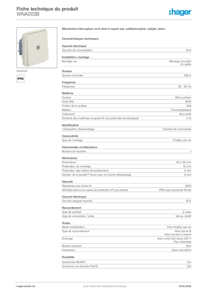 Image Hager Fiche technique du produit WNA002B | Hager Belgique