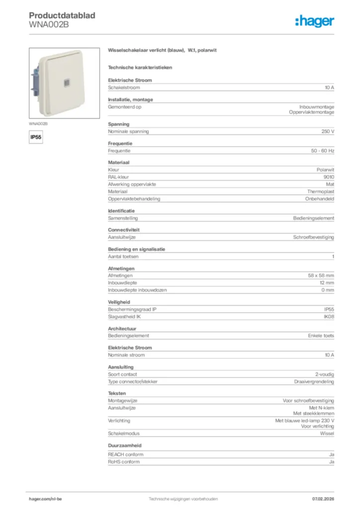 Afbeelding Hager Productdatablad WNA002B | Hager Belgium