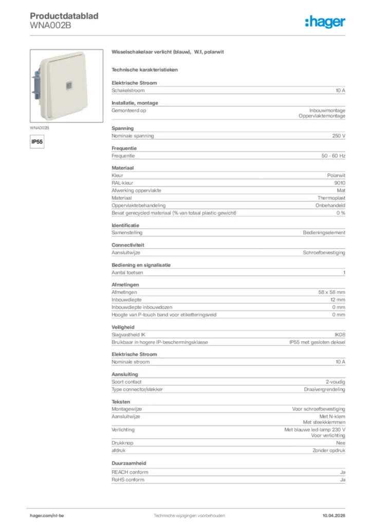 Afbeelding Hager Productdatablad WNA002B | Hager Belgium