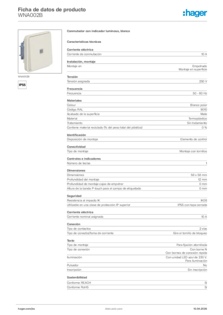 Imagen Hager Ficha de datos de producto WNA002B | Hager España