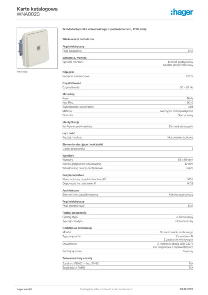 Zdjęcie Hager Karta katalogowa WNA002B | Hager Polska