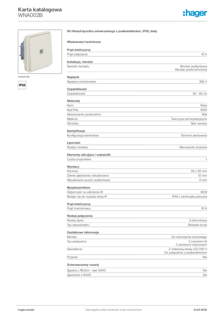 Zdjęcie Hager Karta katalogowa WNA002B | Hager Polska