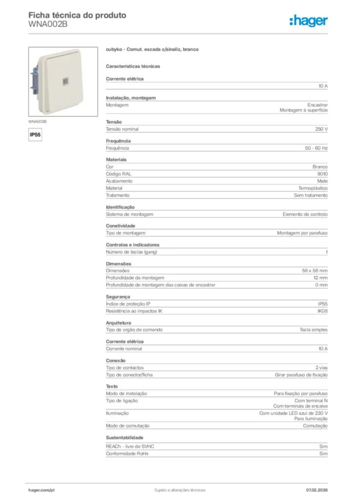 Imagem Hager Ficha técnica do produto WNA002B | Hager Portugal