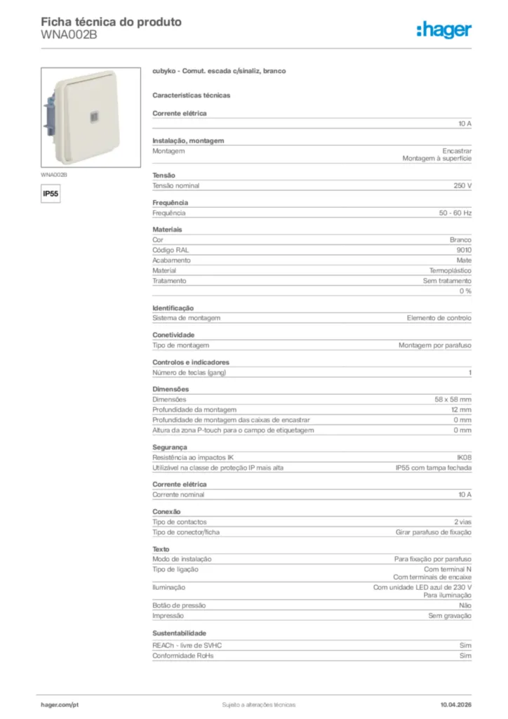 Imagem Hager Ficha técnica do produto WNA002B | Hager Portugal