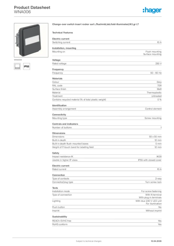 Image Hager Product data sheet WNA006  | Hager Africa