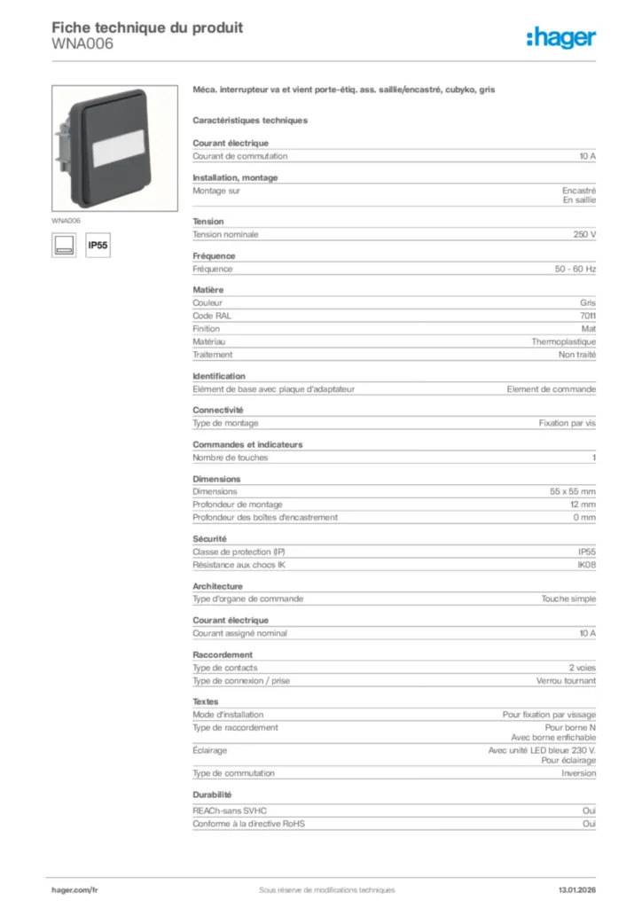 Image Hager Fiche technique du produit WNA006 | Hager France