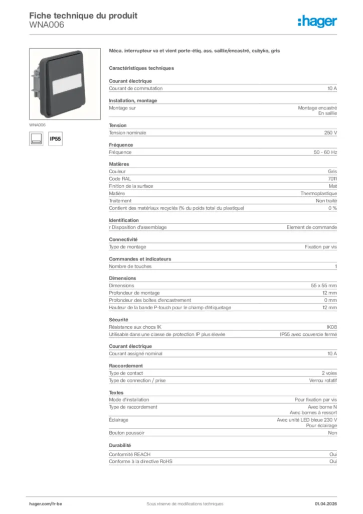 Image Hager Fiche technique du produit WNA006 | Hager Belgique