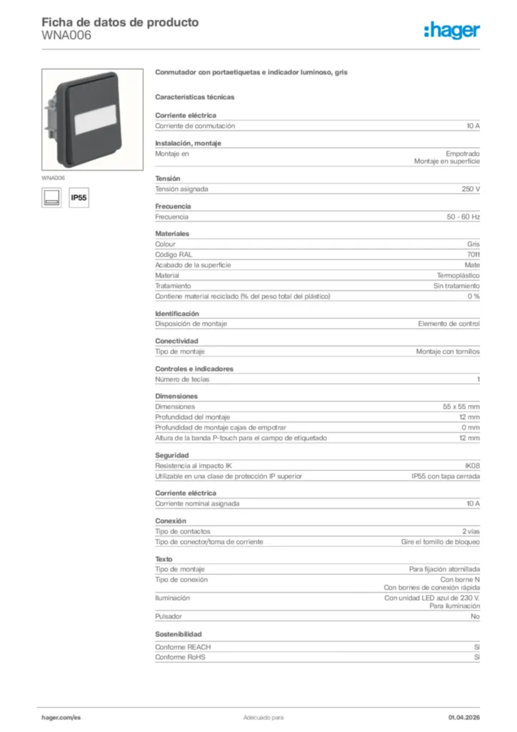 Imagen Hager Ficha de datos de producto WNA006 | Hager España