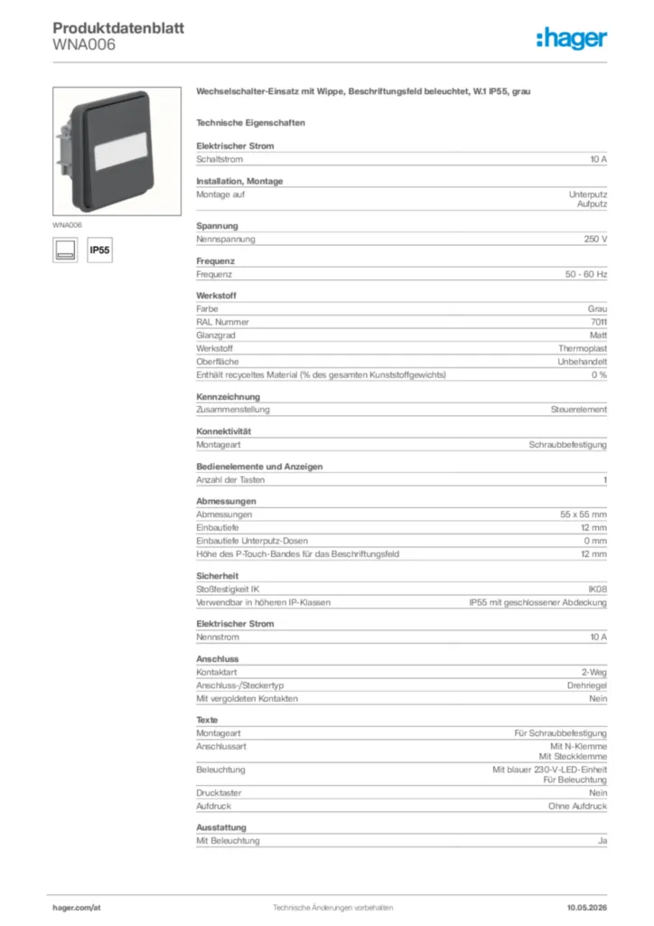 Bild Hager Produktdatenblatt WNA006 | Hager Deutschland