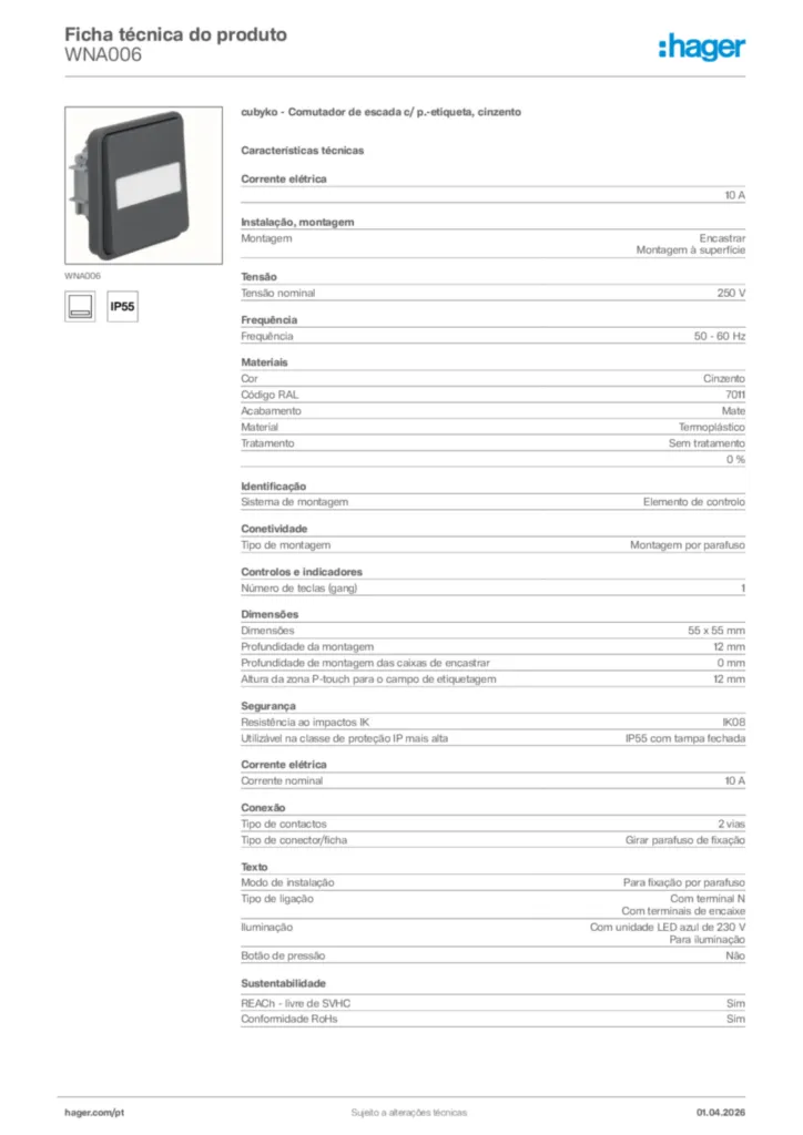 Imagem Hager Ficha técnica do produto WNA006 | Hager Portugal