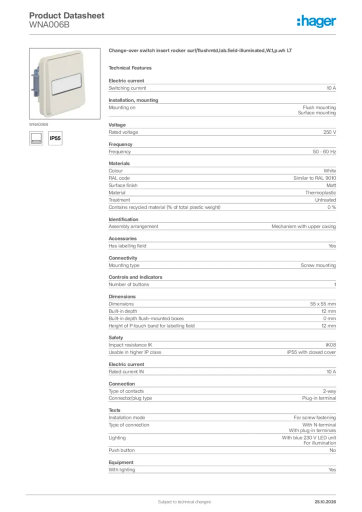 Image Hager Product data sheet WNA006B  | Hager Africa