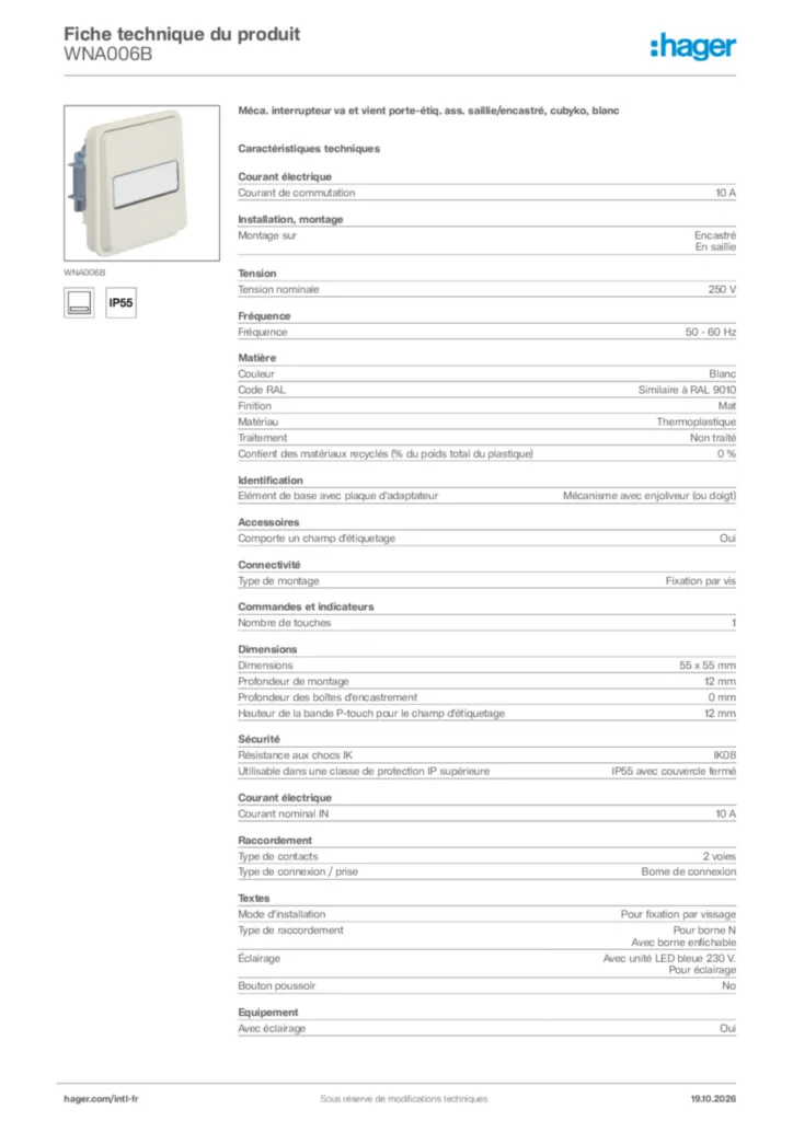 Image Hager Fiche technique du produit WNA006B | Hager Afrique