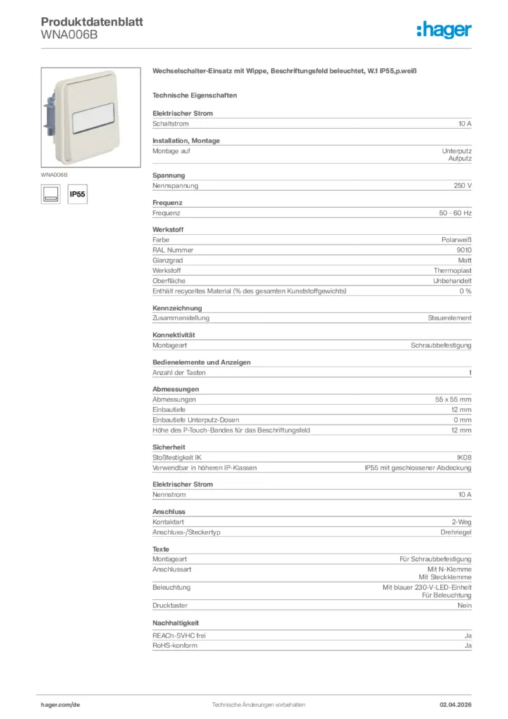 Bild Hager Produktdatenblatt WNA006B | Hager Deutschland