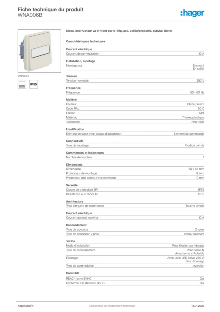 Image Hager Fiche technique du produit WNA006B | Hager France